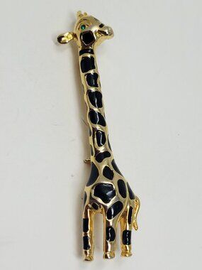 Vintage Giraffe Gold Tone Black Enamel Animal Statement Brooch